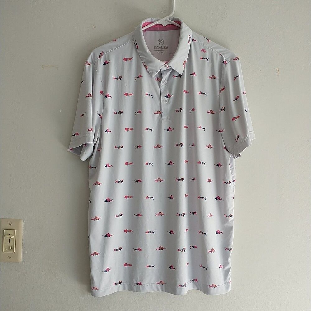Scales Polo Shirt Mens M Gray Pink Trippy Fish Golf Sports Performance*READ